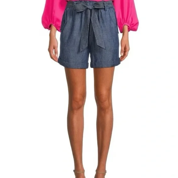 TRINA TURK Serenity High Waist Paper Bag Shorts Linen Blend Chambray Sz Large - Picture 10 of 10